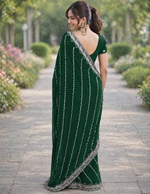 Green georgette embroidery saree with unstitched blouse piece 4