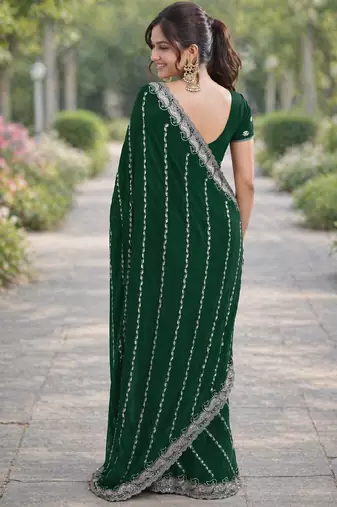 Green georgette embroidery saree with unstitched blouse piece