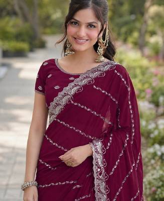 Wine georgette embroidery saree with unstitched blouse piece 2
