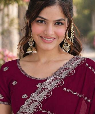 Wine georgette embroidery saree with unstitched blouse piece 3