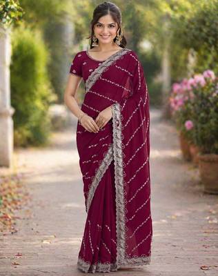 Wine georgette embroidery saree with unstitched blouse piece 1