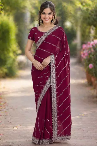 Wine soft georgette embroidery work designer party wear saree with unstitched blouse piece