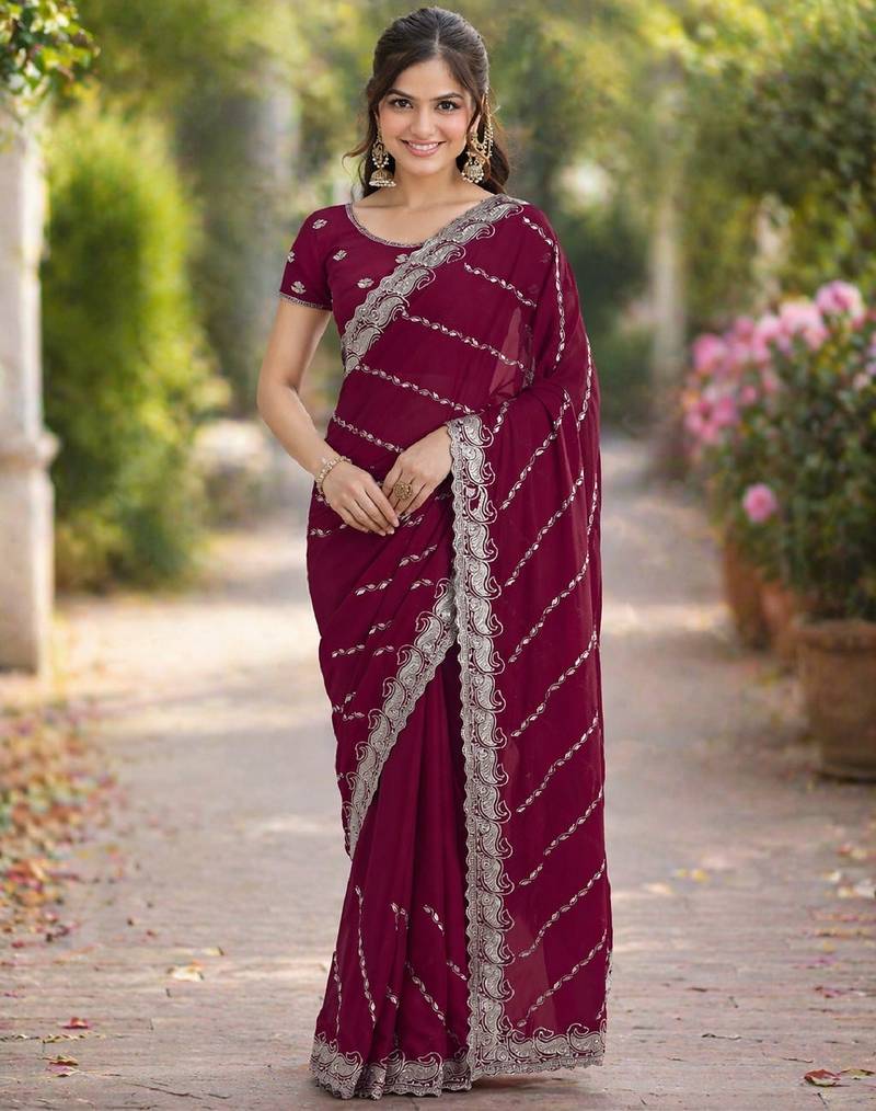 Wine soft georgette embroidery work designer party wear saree with unstitched blouse piece