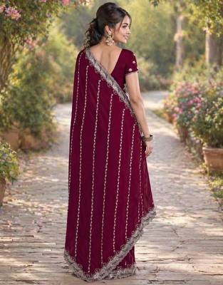 Wine georgette embroidery saree with unstitched blouse piece 4