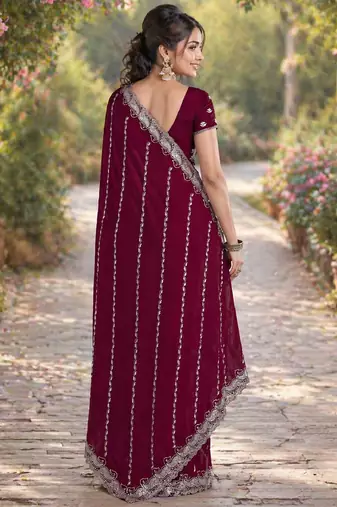 Wine georgette embroidery saree with unstitched blouse piece