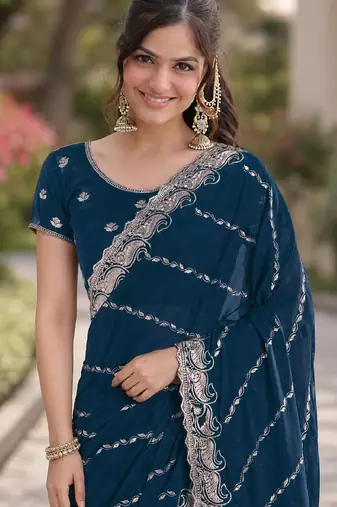 Morpich georgette embroidery saree with unstitched blouse piece