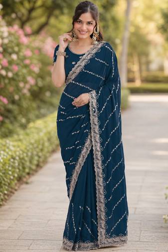 Morpich soft georgette embroidery work designer party wear saree with unstitched blouse piece