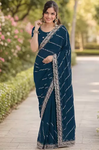 Morpich soft georgette embroidery work designer party wear saree with unstitched blouse piece