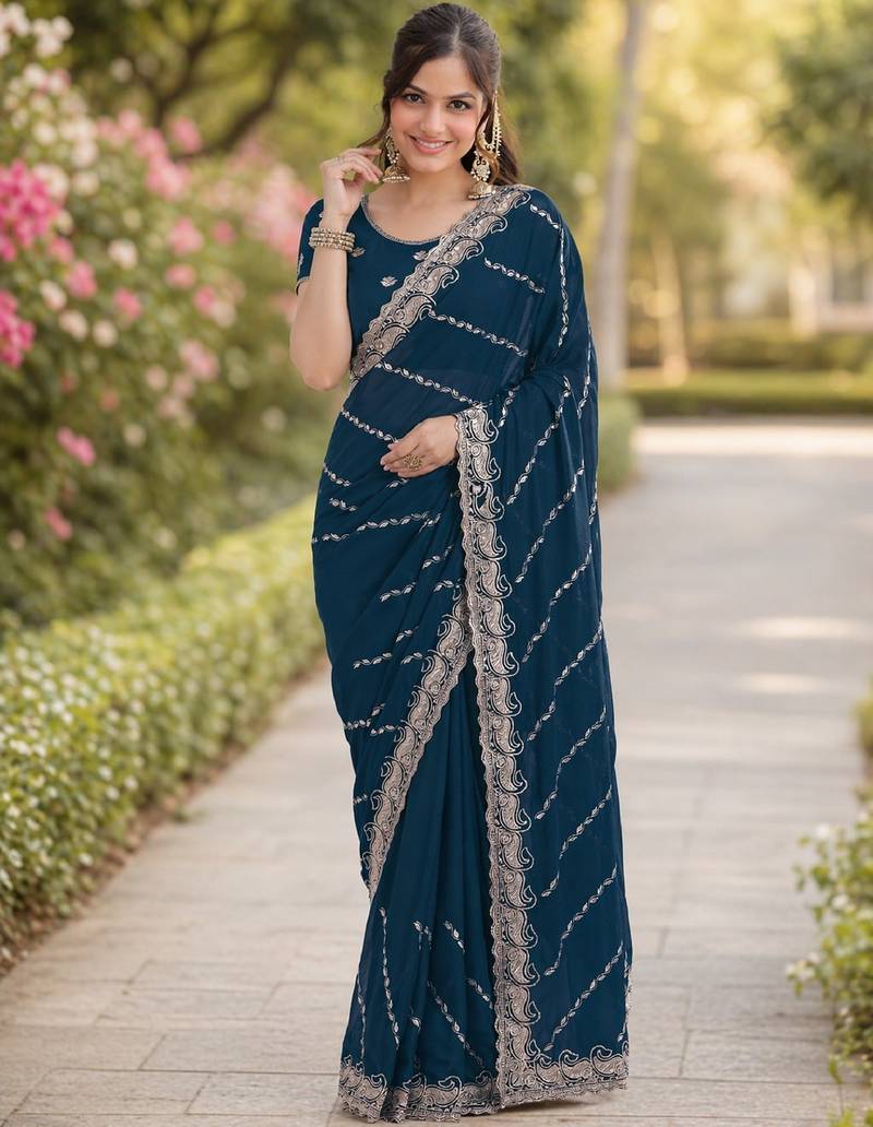 Morpich soft georgette embroidery work designer party wear saree with unstitched blouse piece