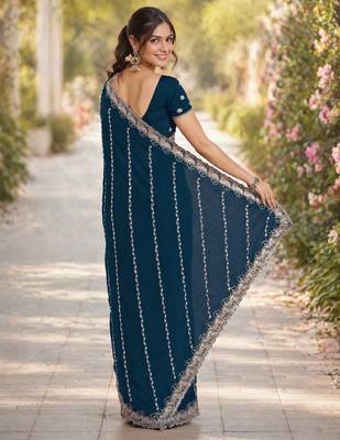 Morpich georgette embroidery saree with unstitched blouse piece 4