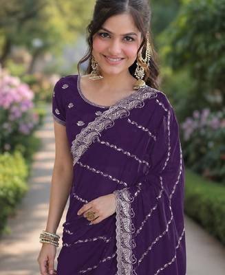 Purple georgette embroidery saree with unstitched blouse piece 2