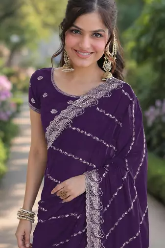Purple georgette embroidery saree with unstitched blouse piece