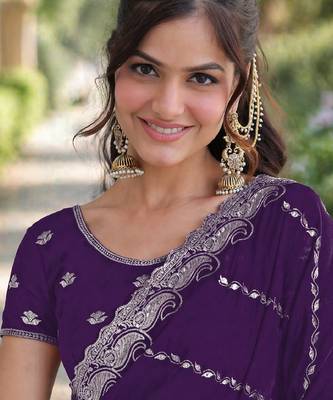 Purple georgette embroidery saree with unstitched blouse piece 3
