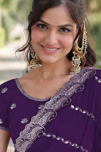 Purple georgette embroidery saree with unstitched blouse piece