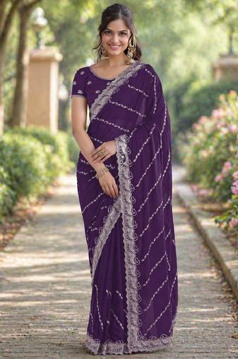 Purple soft georgette embroidery work designer party wear saree with unstitched blouse piece
