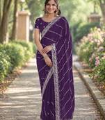 Purple georgette embroidery saree with unstitched blouse piece