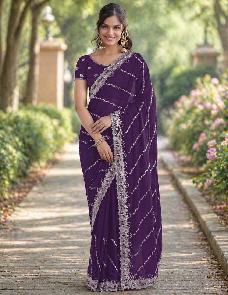 Purple soft georgette embroidery work designer party wear saree with unstitched blouse piece