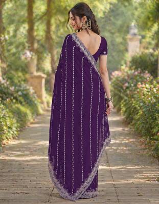 Purple georgette embroidery saree with unstitched blouse piece 4