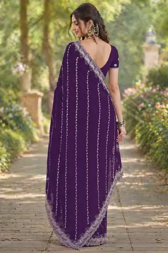 Purple georgette embroidery saree with unstitched blouse piece