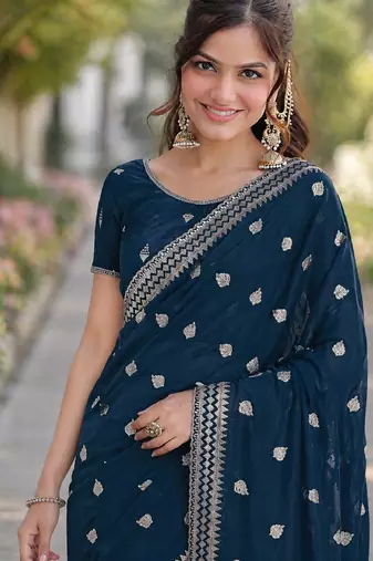 Morpich soft georgette embroidery work designer party wear saree with unstitched blouse piece