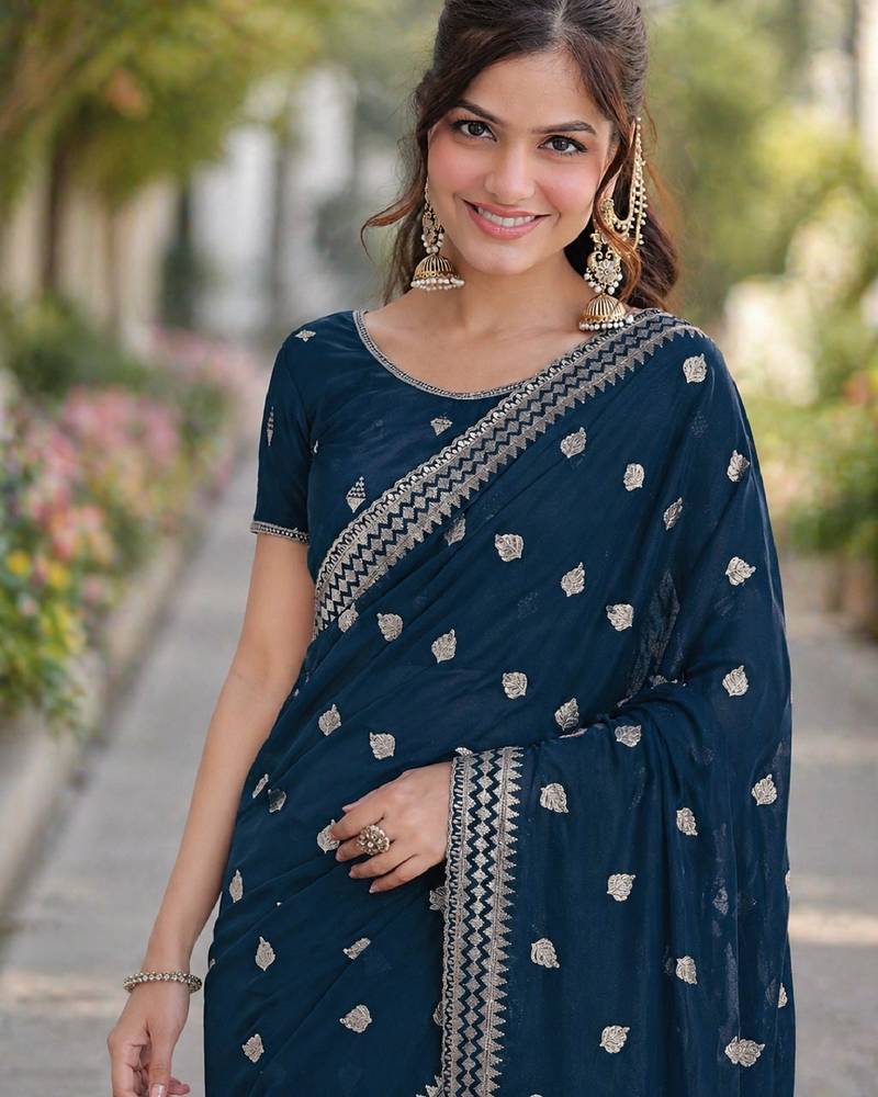 Morpich soft georgette embroidery work designer party wear saree with unstitched blouse piece