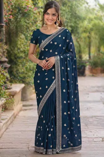 Morpich georgette embroidery saree with unstitched blouse piece