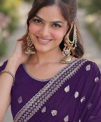 Purple georgette embroidery saree with unstitched blouse piece 1