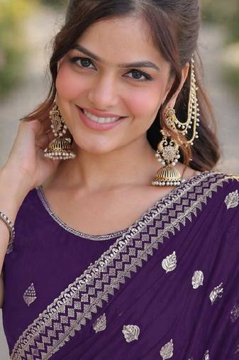 Purple soft georgette embroidery work designer party wear saree with unstitched blouse piece