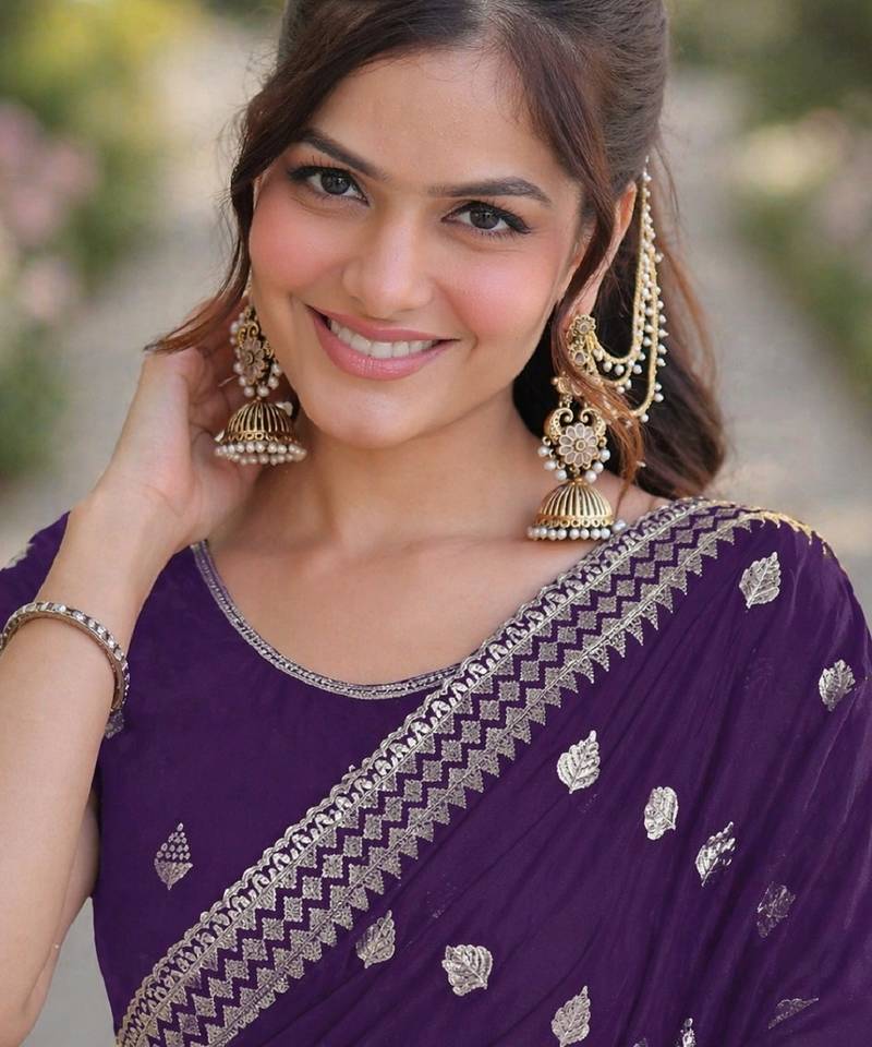 Purple soft georgette embroidery work designer party wear saree with unstitched blouse piece