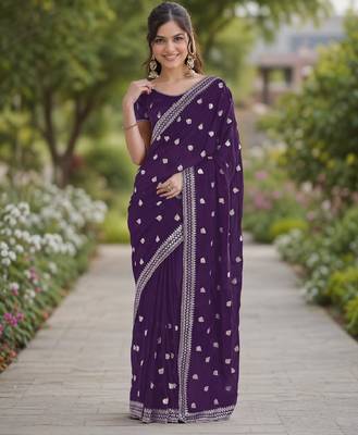 Purple georgette embroidery saree with unstitched blouse piece 3