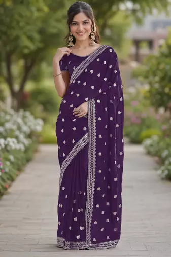 Purple georgette embroidery saree with unstitched blouse piece