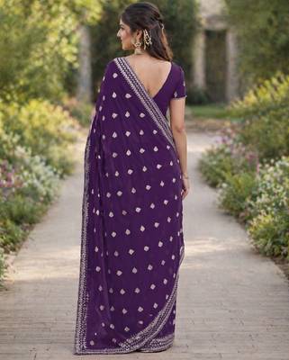 Purple georgette embroidery saree with unstitched blouse piece 4