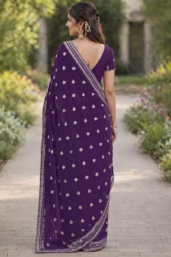 Purple georgette embroidery saree with unstitched blouse piece