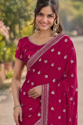 Pink soft georgette embroidery work designer party wear saree with unstitched blouse piece
