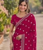Pink georgette embroidery saree with unstitched blouse piece