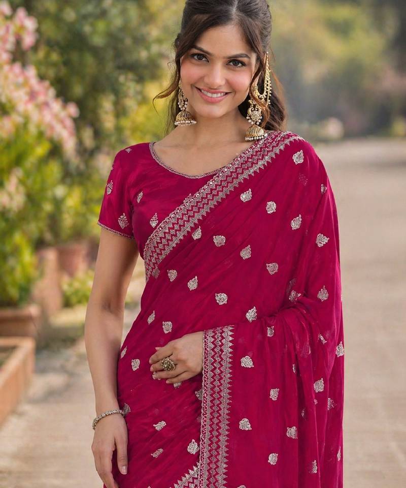 Pink soft georgette embroidery work designer party wear saree with unstitched blouse piece