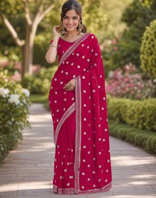 Pink georgette embroidery saree with unstitched blouse piece 3