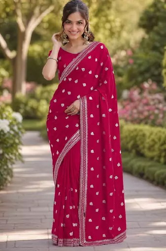 Pink georgette embroidery saree with unstitched blouse piece