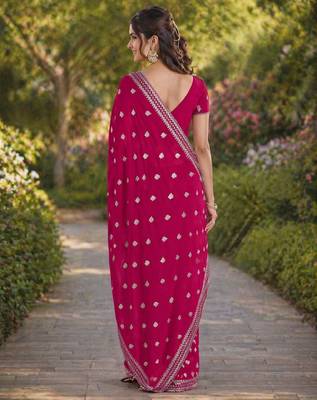 Pink georgette embroidery saree with unstitched blouse piece 4