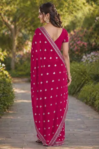 Pink georgette embroidery saree with unstitched blouse piece