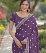 Lavender georgette embroidery saree with unstitched blouse piece