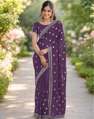 Lavender georgette embroidery saree with unstitched blouse piece 3