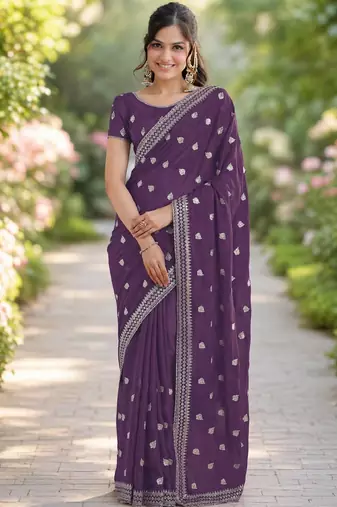 Lavender georgette embroidery saree with unstitched blouse piece