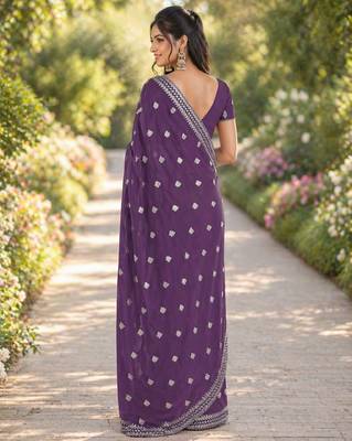 Lavender georgette embroidery saree with unstitched blouse piece 4
