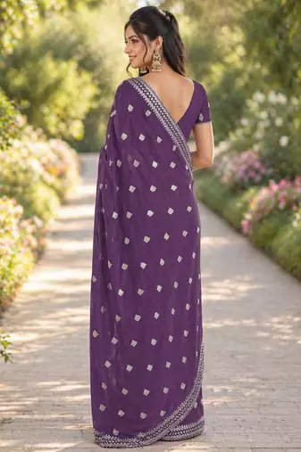 Lavender georgette embroidery saree with unstitched blouse piece