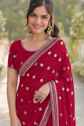 Rani pink soft georgette embroidery work designer party wear saree with unstitched blouse piece