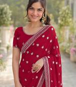 Rani pink georgette embroidery saree with unstitched blouse piece