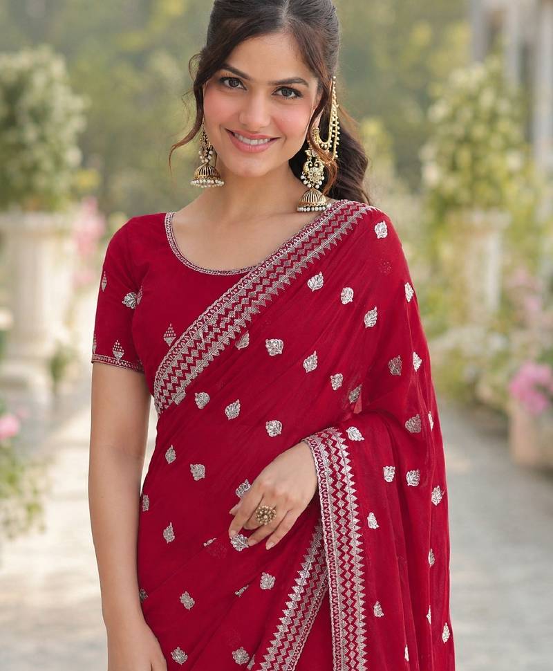 Rani pink soft georgette embroidery work designer party wear saree with unstitched blouse piece