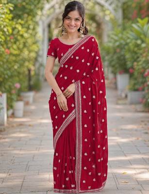 Rani pink georgette embroidery saree with unstitched blouse piece 3