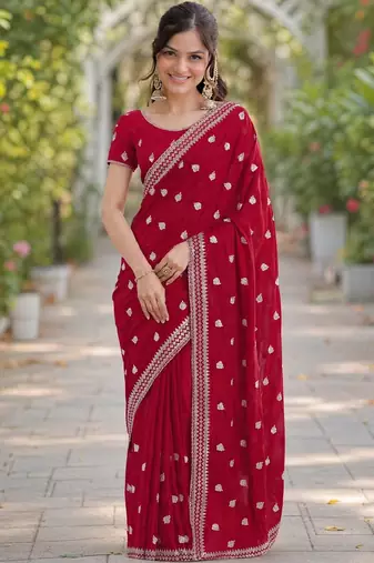 Rani pink georgette embroidery saree with unstitched blouse piece